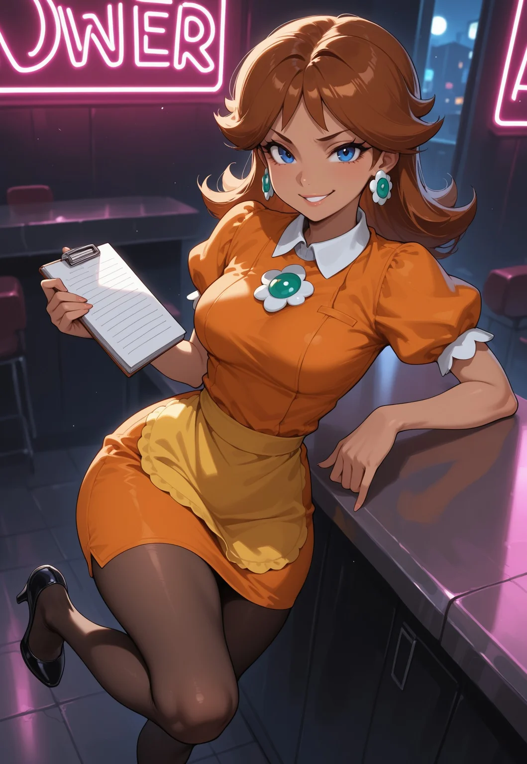 masterpiece, best quality, dark theme, 1girl, from angle, medium breasts,
princess daisy, dark-skinned female,brown hair, blue eyes, looking at viewer, collared dress, orange dress, leaning back against counter, small waist, wide hips, smirk, sassy, one leg up, waitress, diner, holding small notepad, high heels, yellow waist apron, neon lights, night, pantyhose