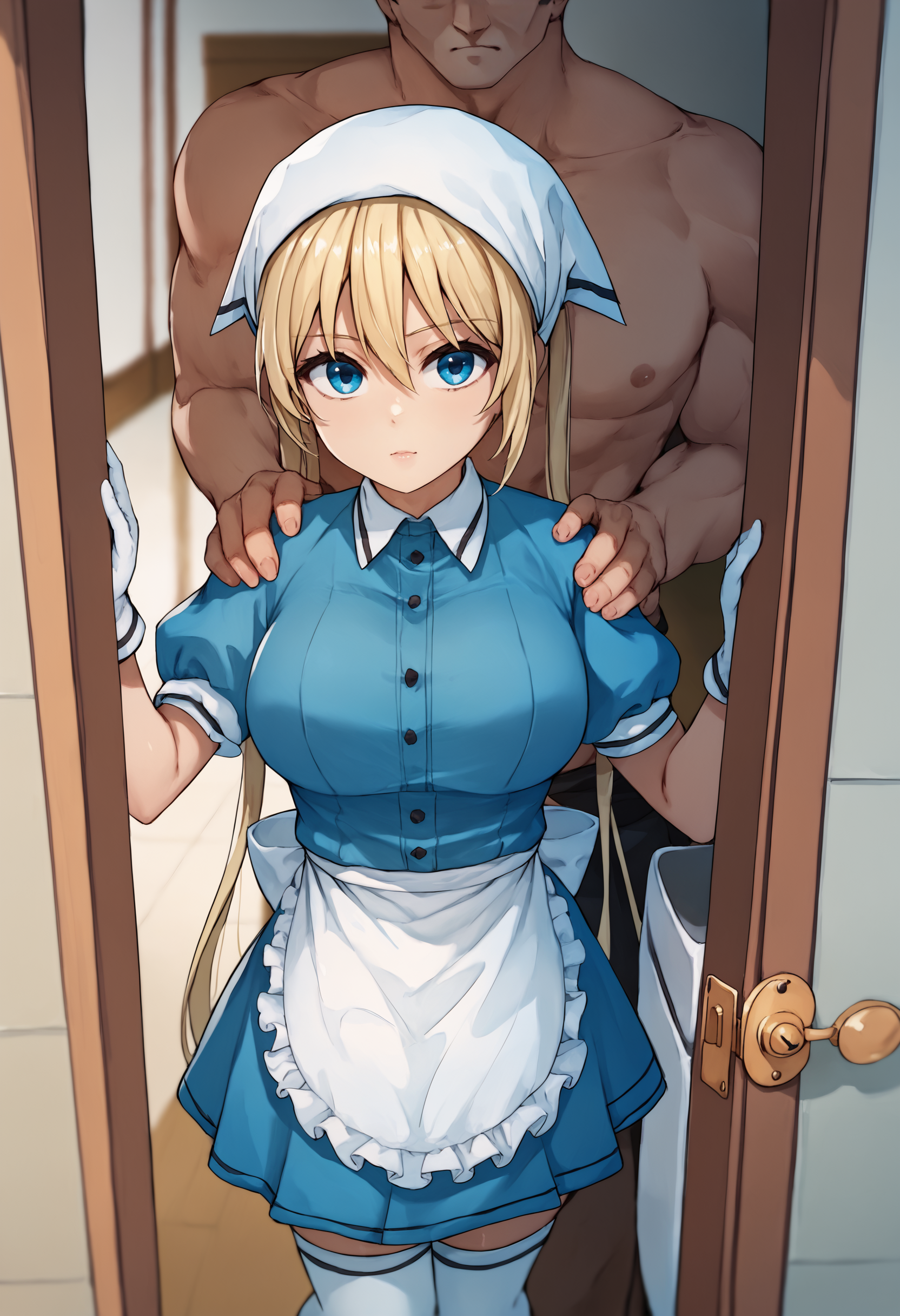 score_9, score_7_up, pov doorway, 1girl, 1boy, looking at viewer,  hand on another's shoulder,     <lora:Hidden sex 2-000009:1> <lora:kaho no warmup:1> Kojikaho, blonde hair, low twintails, blue eyes, white head scarf, blue dress, short sleeves, waist apron, white gloves, white thighhighs, puffy sleeves, large breasts