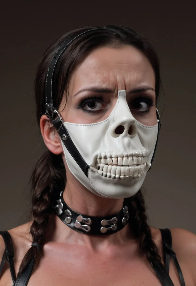 wearing gag, gagged, g4g, tight face molding heavy white leather muzzle gag with a mouth in black like a skeleton would have and leather straps, gagged, cute 40 year old woman, (long brunette hair), ponytail, detailed face, fine stitching, wearing a skeleton costume, speech bubble: "Boo!"