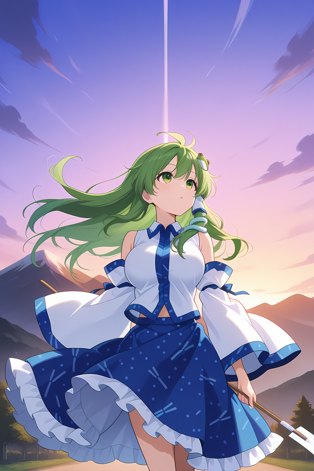 absurdres, highres, masterpiece, best quality, amazing quality, official anime artwork, screencap, anime screencap, outdoors, looking up, mountain of faith, 
<lora:Sanae-Kochiya_Illustrious:1> kochiya sanae, 1girl, solo, green hair, long hair, green eyes, skinny, large breasts,, frog hair ornament, hair tubes, snake hair ornament, collared shirt, white shirt, detached sleeves, wide sleeves, blue skirt, frilled skirt, dynamic pose, wind, floating hair,