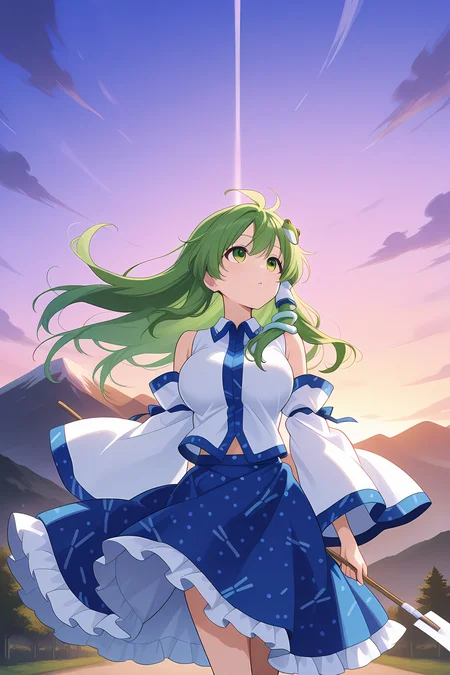 absurdres, highres, masterpiece, best quality, amazing quality, official anime artwork, screencap, anime screencap, outdoors, looking up, mountain of faith,
<lora:Sanae-Kochiya_Illustrious:1> kochiya sanae, 1girl, solo, green hair, long hair, green eyes, skinny, large breasts,, frog hair ornament, hair tubes, snake hair ornament, collared shirt, white shirt, detached sleeves, wide sleeves, blue skirt, frilled skirt, dynamic pose, wind, floating hair,