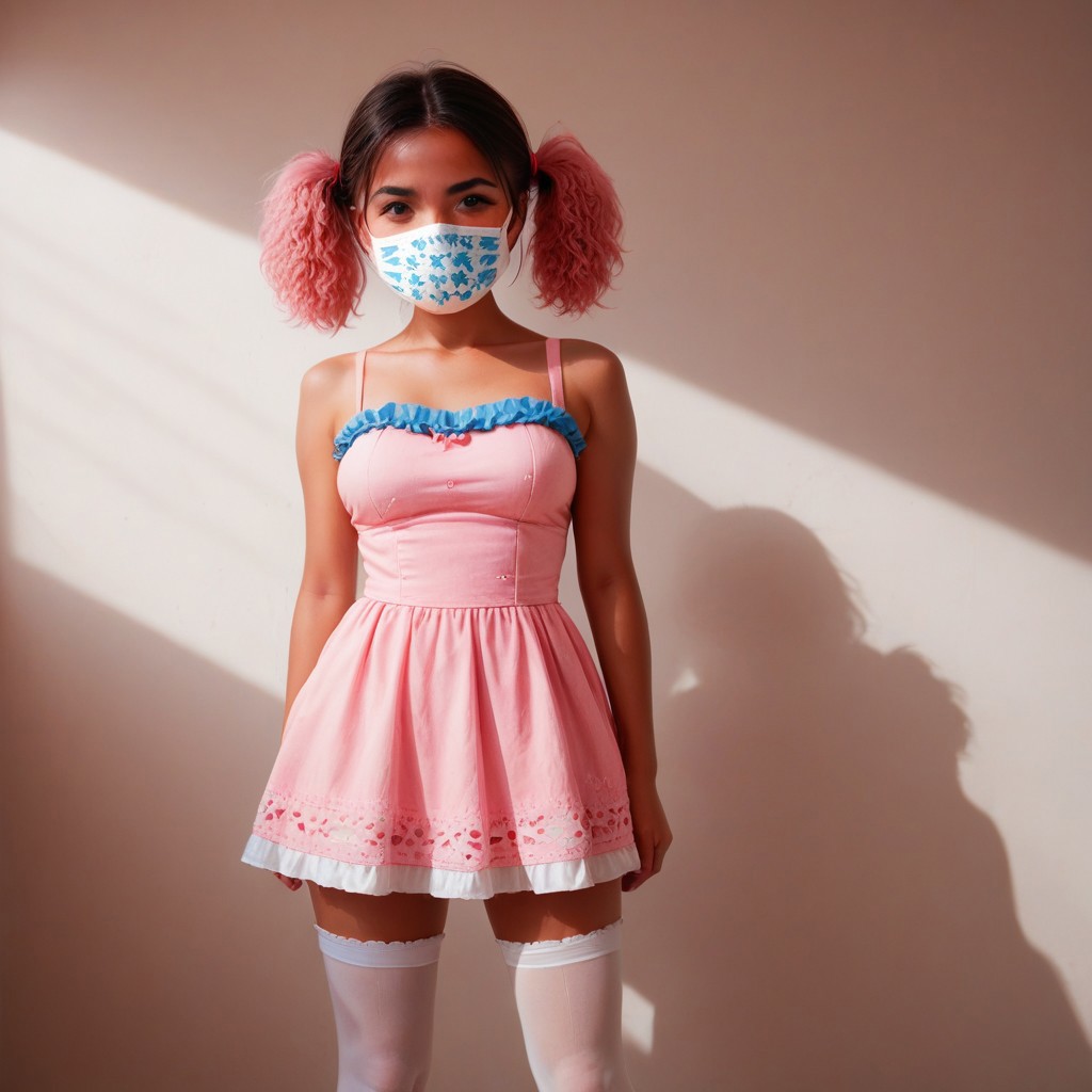 maskhideface, cotton mask, score_9, score_8_up, score_7_up,(((adult))), 25 years old,,zPDXL3, Western Comics, 1woman, adult, well-proportioned  body, , medium  breasts, , native american, pink  short twintails hair,,blue and white frill dress, (white stockings), cute face, standing, indoor, intricate detail, sunlight,,