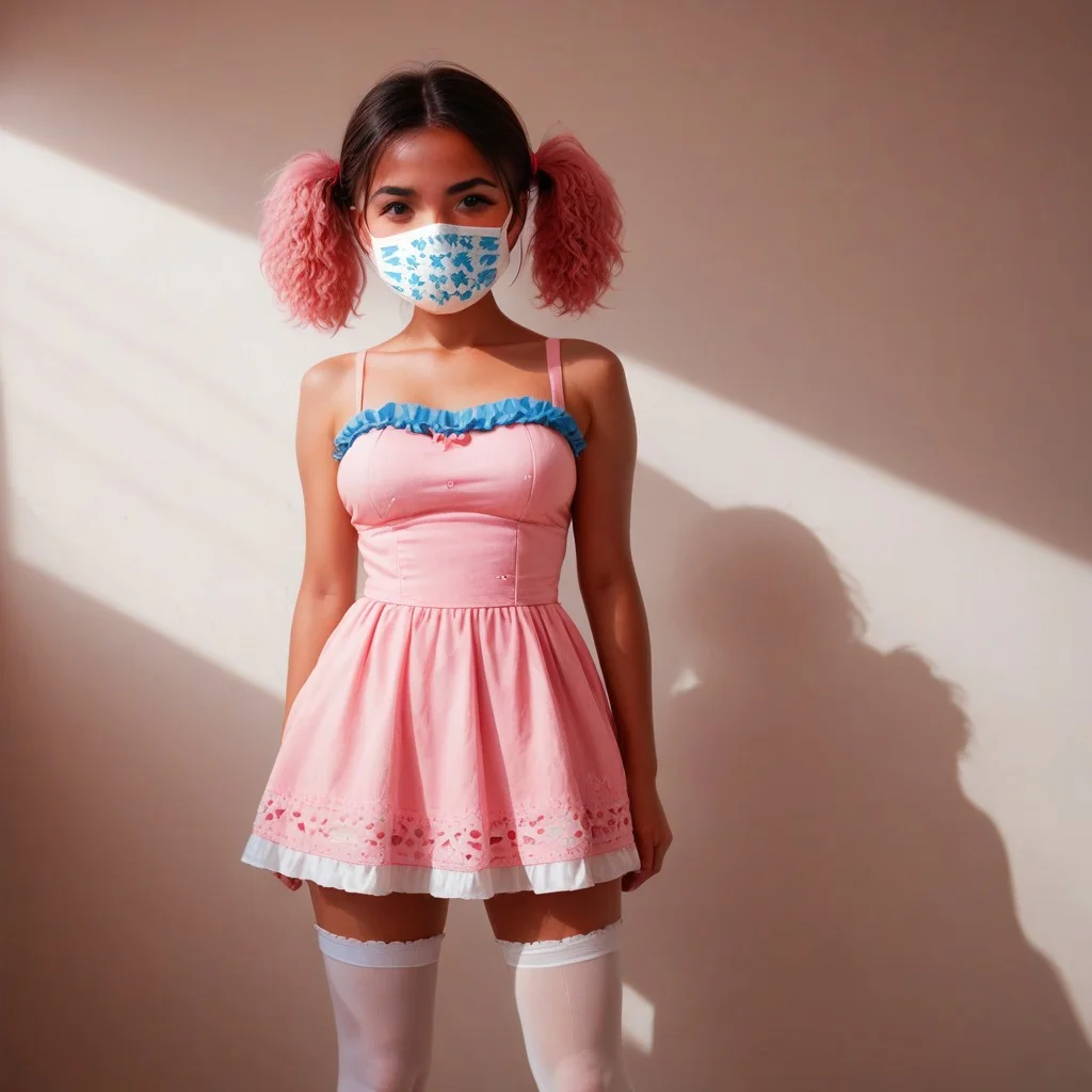 maskhideface, cotton mask, score_9, score_8_up, score_7_up,(((adult))), 25 years old,,zPDXL3, Western Comics, 1woman, adult, well-proportioned body, , medium breasts, , native american, pink short twintails hair,,blue and white frill dress, (white stockings), cute face, standing, indoor, intricate detail, sunlight,,