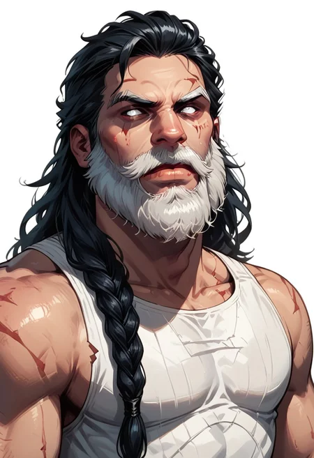 score_9, score_8_up, score_7_up, solo, solo focus, male focus, 1 boy, male, beard, facial hair, braid, braided beard, big beard, epic beard, Duergar, grey skin, white hair, white eyes, short stature, big nose, wide shoulders, muscular, black hair, scars, scar, evil villain