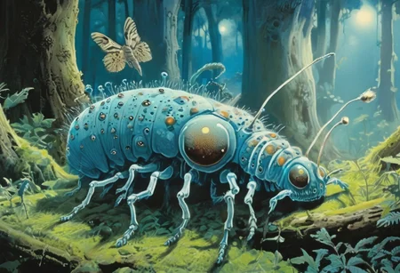 detailed landscape by Roger Dean, rotting trees, fungus, glowing fungal spores, giant insects, giant centipede with wings, ((giant luminescent pill bug with many eyes, partially transparent with a soft blue glow, sitting amidst a verdant landscape, illuminated in a gentle blue and white light shining through the trees))