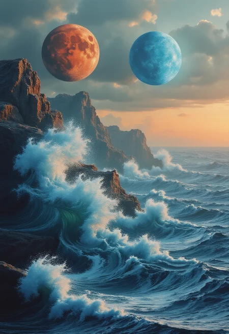 Jedhydipa, Realistic digital painting of the white sea of Mars under a vibrant alien sky, large waves formed by the gravitational dance of two enormous moons, one with a fiery red glow and the other an icy blue radiance, reflective white waters sparkling under their light, rugged Martian terrain in the background, detailed textures, surreal yet scientifically plausible aesthetic.