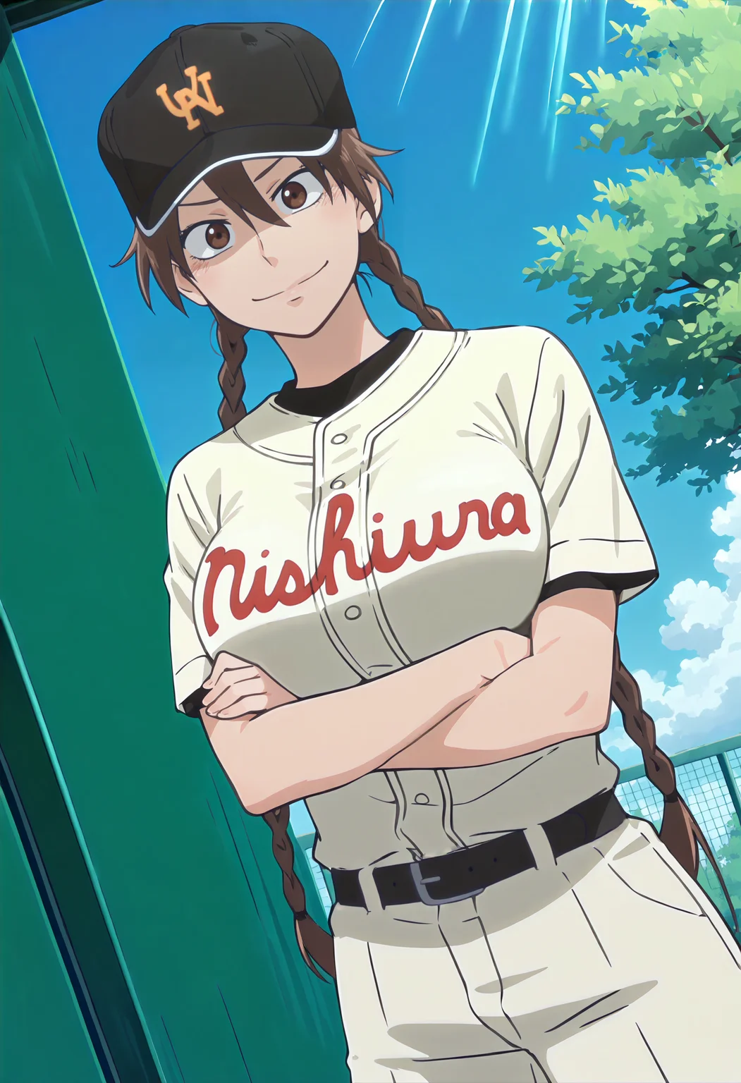 best quality, amazing quality, perfect quality, high quality, masterpiece, absolutely eye-catching BREAK
<lora:Ookiku_Furikabutte_-_Maria_Momoe:1> OofuriMaria, brown eyes, brown hair, long hair, twin braids, double-parted bangs, hair between eyes, large breasts BREAK
baseball uniform, white shirt, clothes writing, black undershirt, short sleeves, black belt, white pants, black hat, baseball cap, print hat BREAK
outdoors, blue sky, sunbeam, green wall, trees BREAK
1girl, solo, crossed arms, breasts squeezed together, standing, cowboy shot, dutch angle, looking at viewer, smile