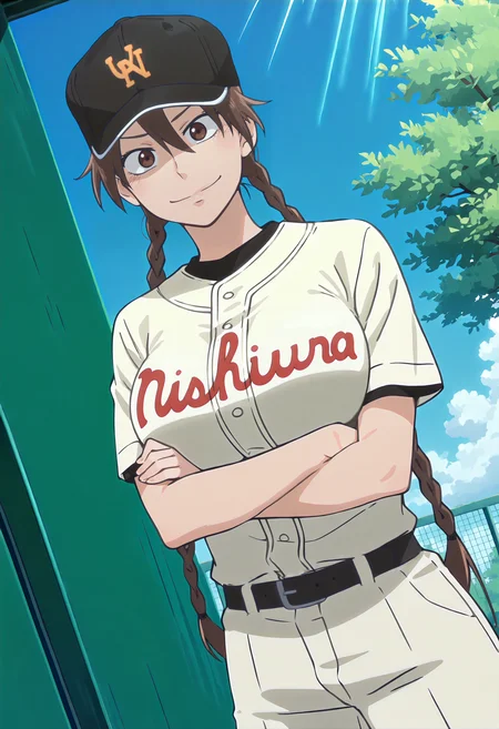 best quality, amazing quality, perfect quality, high quality, masterpiece, absolutely eye-catching BREAK
 <lora:Ookiku_Furikabutte_-_Maria_Momoe:1> OofuriMaria, brown eyes, brown hair, long hair, twin braids, double-parted bangs, hair between eyes, large breasts BREAK
baseball uniform, white shirt, clothes writing, black undershirt, short sleeves, black belt, white pants, black hat, baseball cap, print hat BREAK
outdoors, blue sky, sunbeam, green wall, trees BREAK
1girl, solo, crossed arms, breasts squeezed together, standing, cowboy shot, dutch angle, looking at viewer, smile