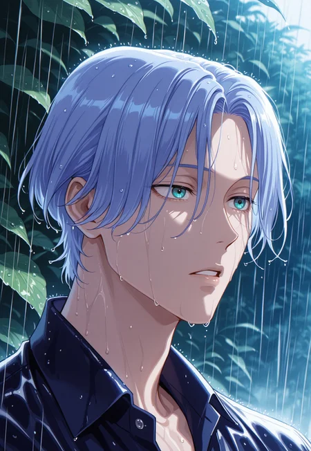 detailed details, shaded, detailed shading, detailed skin, shaded skin, realistic shading, countershading:1.1, outdoors, 1boy, solo, Hasegawa Langa, aqua eyes, blue hair, parted lips, looking away, rain, wet hair, wet