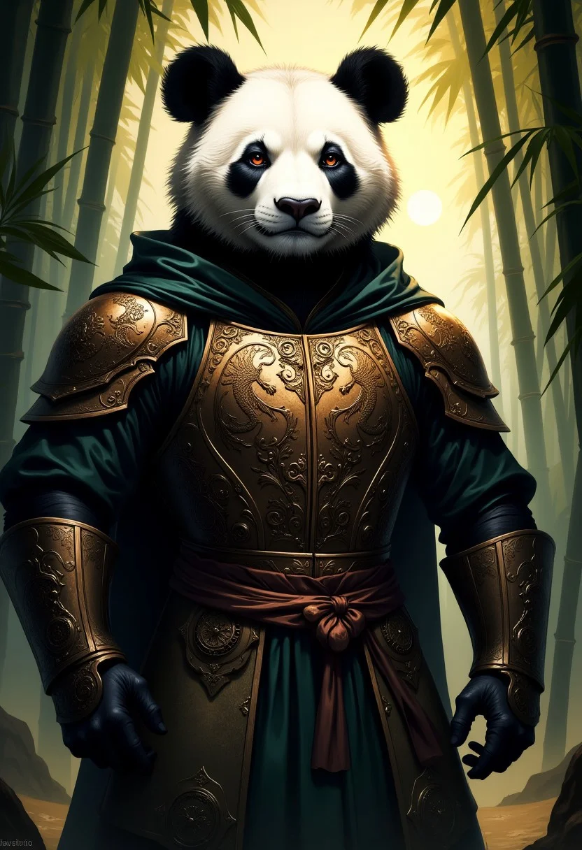 A stunning digital painting of an anthropomorphic panda character in semi-realistic anime style. The character has a humanoid body and the face of a serene panda, its black-and-white fur rendered with exquisite texture and depth. The panda’s dark, soulful eyes, filled with quiet resolve, dominate the upper part of the image. Standing upright, the panda wears a fitted leather breastplate embossed with intricate dragon motifs, layered over a finely woven tunic of deep emerald green. A silk sash in shades of gold is tied around its waist, symbolizing honor and tradition.
The background hints at a medieval bamboo forest at sunset, where shafts of golden light pierce the emerald canopy. Faint trails of mist curl through the trees, enhancing the panda’s stoic and noble demeanor. The painting beautifully combines intricate fur and fabric textures with the serene grace of a protector standing at the edge of a mythical realm.