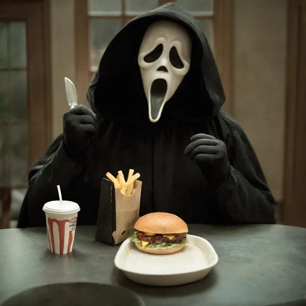 cinematic film still of <lora:Chiaroscuro Lighting Style:1> Chiaroscuro Lighting Style
<lora:Ghostface:1>
Ghostface a person in a ghost mask eating a sandwich,scream horror movie style,solo,gloves,1boy,holding,sitting,male focus,food,black gloves,hood,cup,mask,eating,table,holding food,hood up,tray,drinking straw,disposable cup,burger,black cloak,french fries , realistic, sharp, detailed, classic, 1990's, horror, photography, artistic, perfect knife, crazy, shallow depth of field, vignette, highly detailed, high budget, bokeh, cinemascope, moody, epic, gorgeous, film grain, grainy