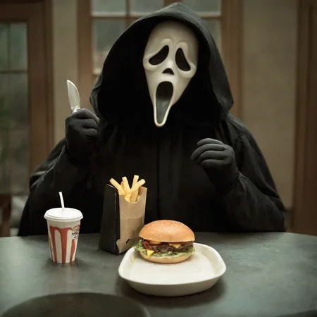 cinematic film still of <lora:Chiaroscuro Lighting Style:1> Chiaroscuro Lighting Style
<lora:Ghostface:1>
Ghostface a person in a ghost mask eating a sandwich,scream horror movie style,solo,gloves,1boy,holding,sitting,male focus,food,black gloves,hood,cup,mask,eating,table,holding food,hood up,tray,drinking straw,disposable cup,burger,black cloak,french fries , realistic, sharp, detailed, classic, 1990's, horror, photography, artistic, perfect knife, crazy, shallow depth of field, vignette, highly detailed, high budget, bokeh, cinemascope, moody, epic, gorgeous, film grain, grainy