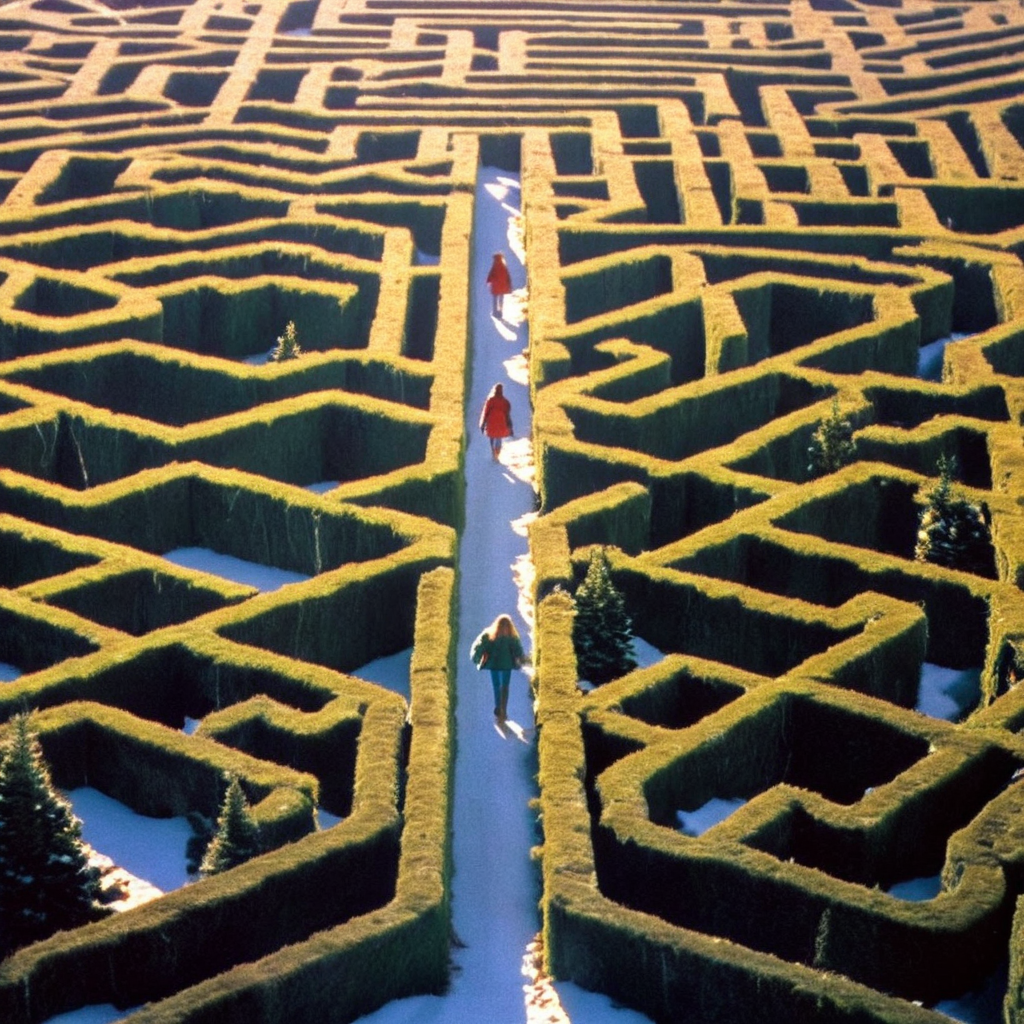UHD, 4k, ultra detailed, cinematic, a photograph of  <lora:perfection style:0.5> <lora:detailed:0.5> perfection detailed
 <lora:The Shining film style:0.9>
 <lora:1980's style:0.4>
In the 1980's in the Colorado Rocky Mountains a large maze with a single bird in it,1girl,solo , cinematic, film, kodak, The Shining film style, epic, beautiful lighting, inpsiring