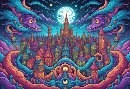masterpiece, trippy, line art, multi-colors, fantasy theme, A cityscape at night, monster in sky, dizzy, mystery