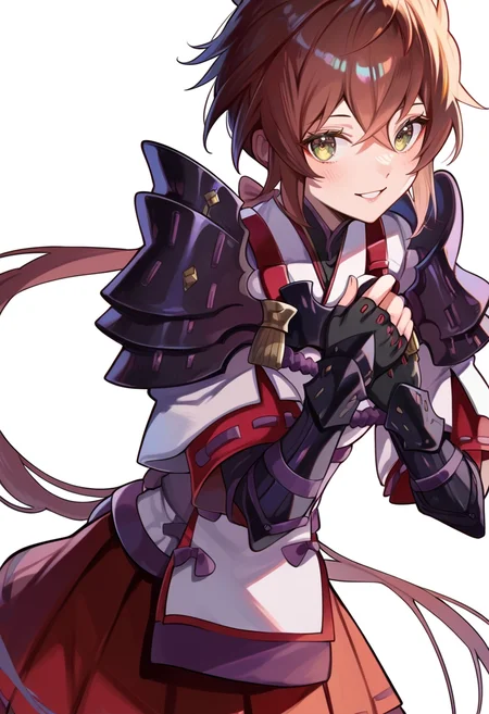 (score_9:0.9),score_8_up,score_7_up,anime style,rating_safe,(zPDXL),<lora:XB2 Lora and Haze ponyXL v1:0.86>, shoulder armor,lora_xb2, white japanese costume, fingerless gloves, red skirt, 1girl, simple background, solo, smile, looking at viewer, white background, blush, parted lips