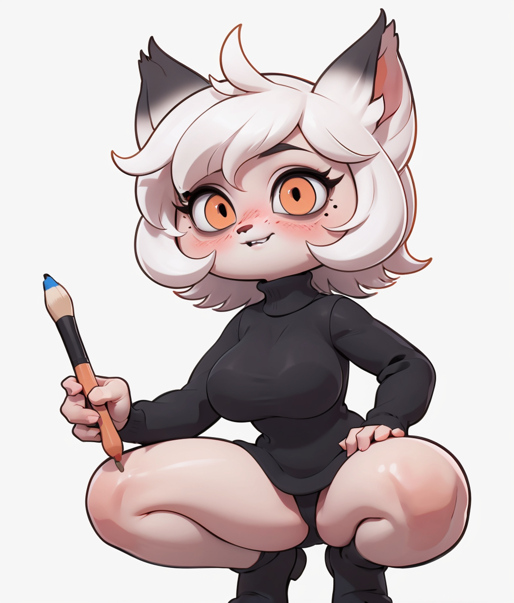 1girl,gigantic breasts,furry,fox,arctic fox,short hair,diagonal_bangs,orange eyes,slit pupils,big_eyes,long eyelashes,mole under eye,white fur,turtleneck sweater,black sweater,blush,evil grin,chi jyo,thick thighs,squatting,curvy,solo,full body,looking at viewer,white background,holding paintbrush,Painting_(Action),cartoonized,3D,<lora:Role_ä¹°å¸é±¼ççç¸_v1.0:0.8>,