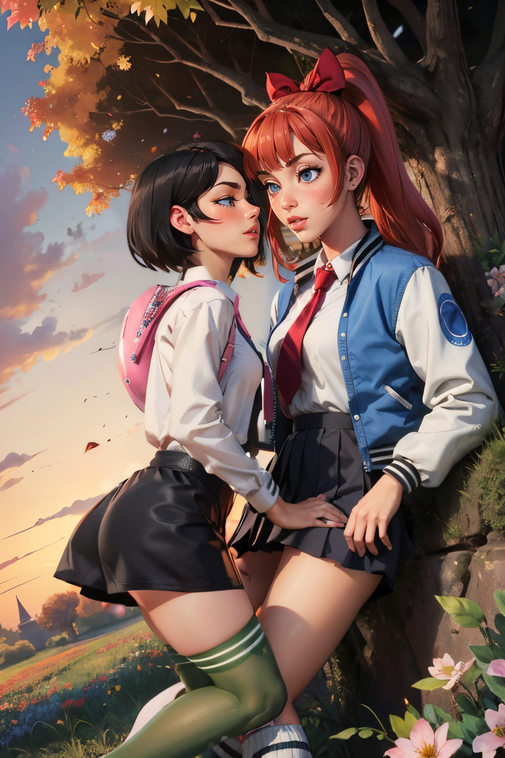 2girls, deep kissing, french kissing, outside, field, trees, flowers, autumn, dusk, twilight sky, extreme detail, masterpiece, <lora:properkissing_v1:.7>
kyoko \(rcg\), blue eyes, red hair, letterman jacket, white shirt, red necktie, pleated skirt, kneehighs, looking aroused, sexual gaze, , blush, erotic, <lora:rcg_kyoko:.7>