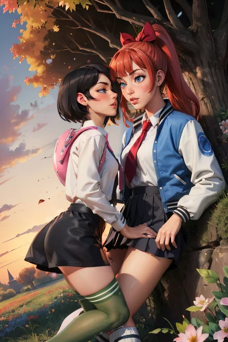 2girls, deep kissing, french kissing, outside, field, trees, flowers, autumn, dusk, twilight sky, extreme detail, masterpiece, <lora:properkissing_v1:.7>
kyoko \(rcg\), blue eyes, red hair, letterman jacket, white shirt, red necktie, pleated skirt, kneehighs, looking aroused, sexual gaze, , blush, erotic, <lora:rcg_kyoko:.7>