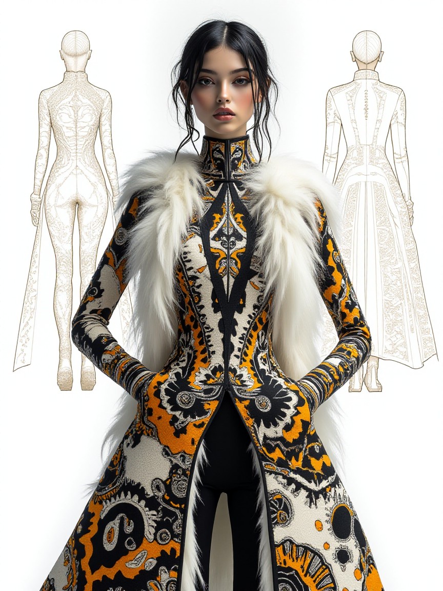 A minimalistic white-toned fashion shoot illustration depicting a Peruvian succubus modelling a steampunk outfit that utilises mohair and tartan material. The clothing tightly hugs the person and is decorated with intricate black and orange fractal designs. The overall feel of the image is dynamic and magical. Additionally, the backdrop shows comcept drawings of the clothing, rendered in fine flowing lines and appliqued silverleaf. The general effect is of timeless fine art elegance. <lora:midjourney_whisper_avant_couture_v01:1>