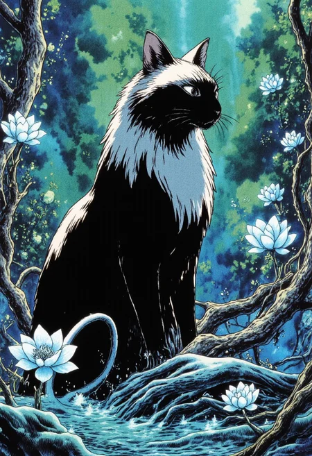 A highly detailed and artistic illustration featuring a majestic cat embodying the essence of water. The cat should have a serene yet commanding expression, standing upright with sleek fur that appears to shimmer like liquid, detailed with delicate droplets and flowing waves. The scene should include dramatic, intricate aquatic elements like vibrant blue and turquoise lotus flowers intertwined with twisting coral branches, reminiscent of an otherworldly, underwater fantasy setting. The background should feel mystical, blending soft gradients of deep blues and sea greens, enhanced by ethereal light beams filtering through water. The overall composition should merge tranquility and power, akin to a blend of nature and mythical themes. (epic dark fantasy style).
ne0nfant4sy, jitostyle, monochrome, ghiblistyle.