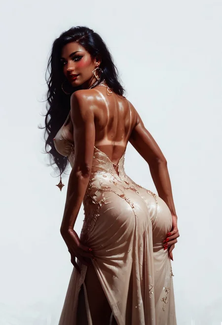 score_9, score_8_up, score_7_up, 1girl, solo, human, 21 years old, (indonesian:1), (black hair:1), (red lips:1), (brown eyes:1), messy long hair, fair skin tone, narrow shoulder, voluptuous breasts, firm breasts, alluring neckline, deep cleavage, soft body,
horny expression, natural make up, tan lines, blushing, full kebaya dress, squeezing own ass cheeks,
close up, zoomed in, looking at viewer, ass view, back view, side view, slightly bending forward,
trichromatic color composition, hyperdetailed, simple background,
rating_explicit, Expressiveh, perfecteyes, concept art, realistic, Kebaya,