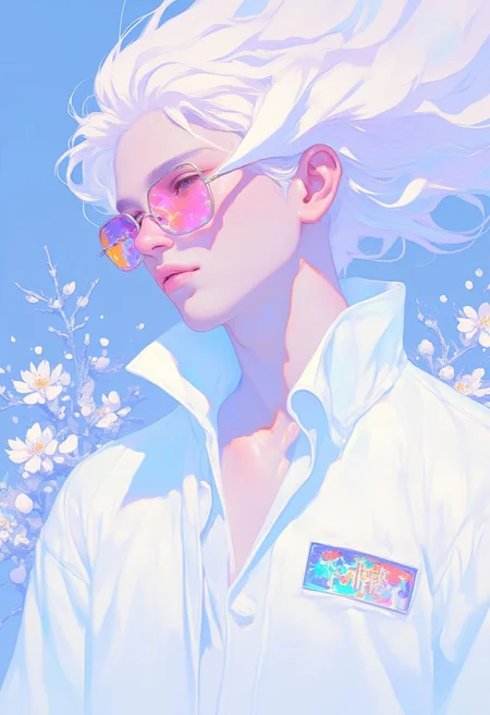 A digital illustration capturing a young man with flowing white hair and sleek sunglasses, donning a pristine white jacket adorned with a vibrant, multi-colored patch on the left chest. The backdrop is a serene light blue, dotted with delicate white flowers, evoking a sense of tranquility. His face is in profile, eyes gently closed and mouth slightly ajar, lost in deep contemplation, with a subtly serious expression etched on his features. The artwork exudes a whimsical, dreamlike quality, blending soft, ethereal lighting with a composition that draws the viewer into his introspective world, rendered in high definition to enhance the intricate details and textures.