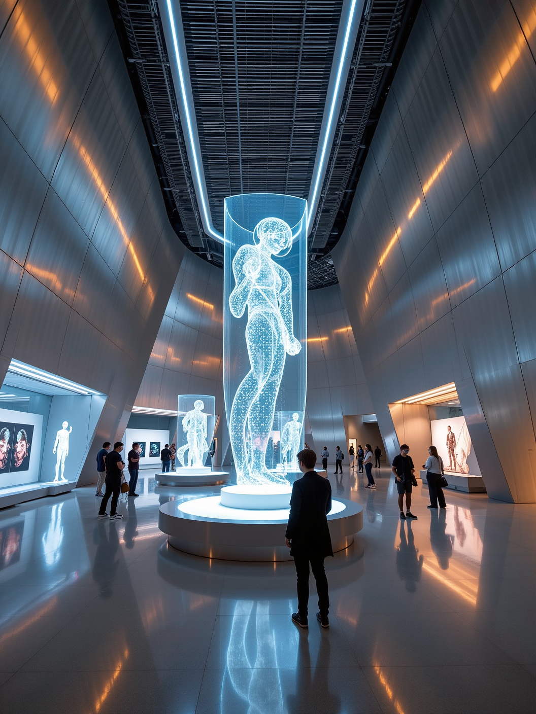 Futuristic museum, sleek metal walls and floors, glowing holographic exhibits, digital displays floating mid-air. Neon lighting illuminating abstract sculptures, visitors interacting with virtual artworks, ultra-modern architecture with sharp angles and clean lines, atmosphere both awe-inspiring and surreal, blending technology with art.
