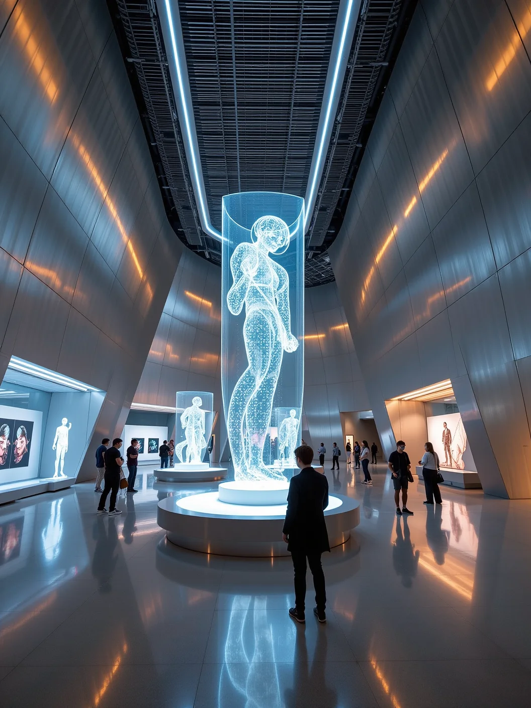 Futuristic museum, sleek metal walls and floors, glowing holographic exhibits, digital displays floating mid-air. Neon lighting illuminating abstract sculptures, visitors interacting with virtual artworks, ultra-modern architecture with sharp angles and clean lines, atmosphere both awe-inspiring and surreal, blending technology with art.