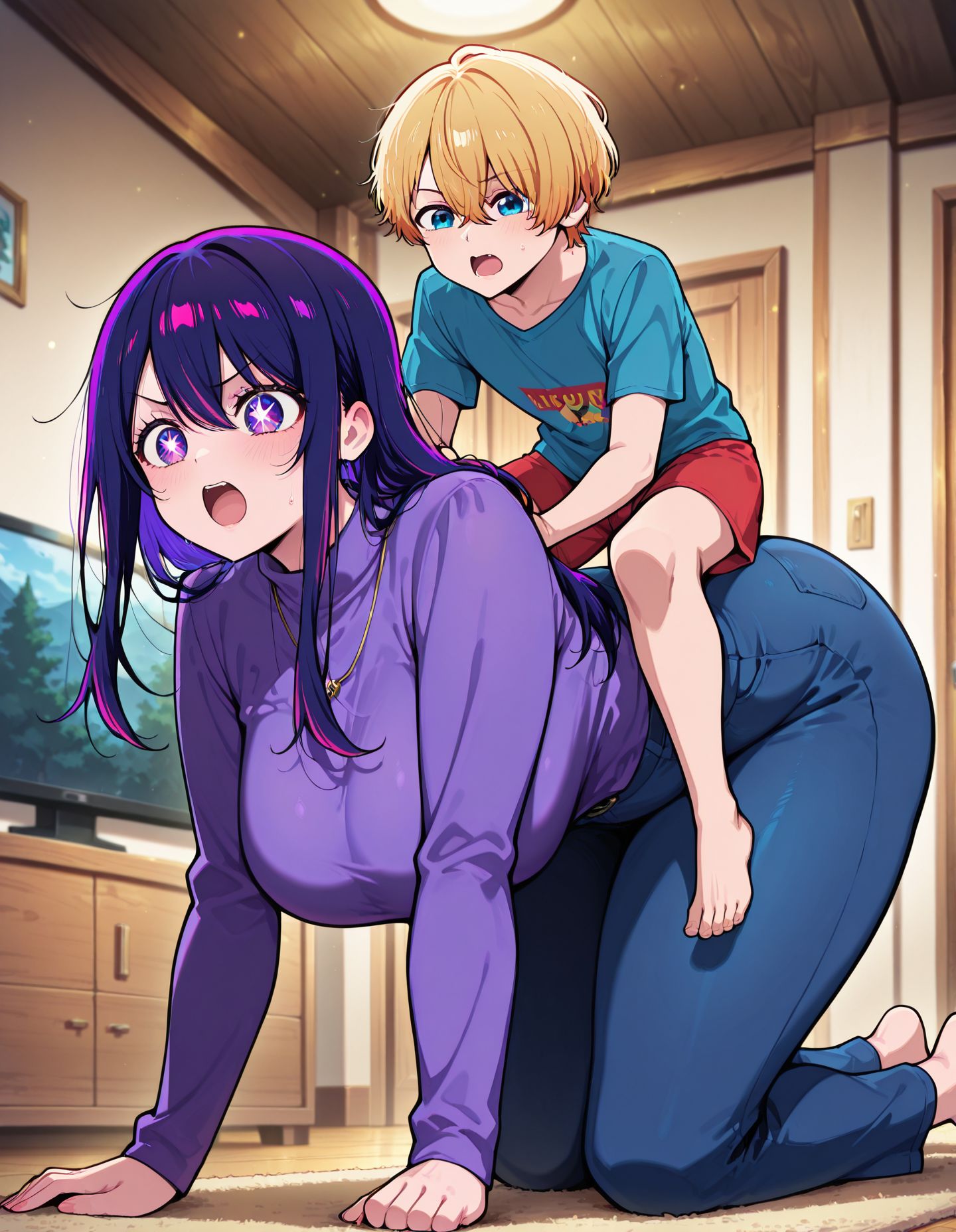 masterpiece, best quality, newest, absurdres, highres, detailed eyes, beautiful, detailed background, perfect eyes, anime coloring, anime screencap,
<lora:Small_Dom_Big_Sub:1>SDBS_V1, 
1girl,  1boy, breasts, open mouth, 
Piggyback Riding on all fours,
small male, huge female, size difference, 
clothed,
living room, television, 
hoshino aquamarine, 
hoshino ai, chile male,