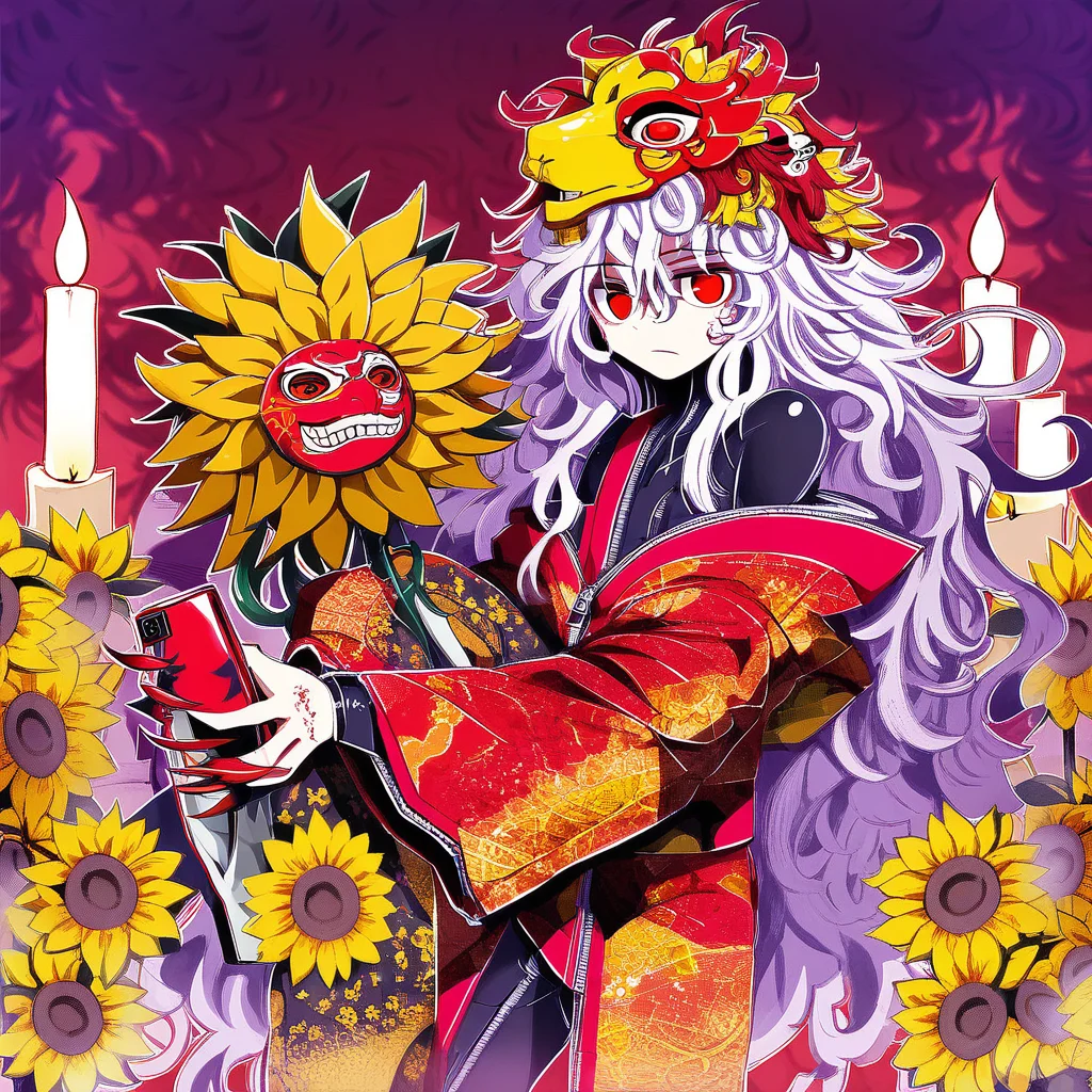 sharp fingernails, hagoromo, sunflower, holding animal, bodysuit, polearm, long hair, zipper, jewelry, kimono, messy hair, cellphone, tengu mask, red eyes, off-shoulder shirt, candle, tengu-geta