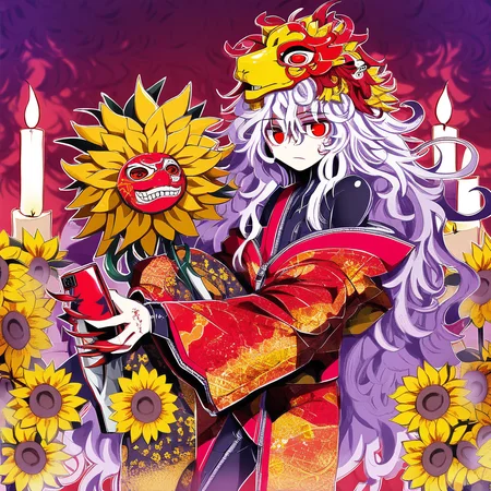 sharp fingernails, hagoromo, sunflower, holding animal, bodysuit, polearm, long hair, zipper, jewelry, kimono, messy hair, cellphone, tengu mask, red eyes, off-shoulder shirt, candle, tengu-geta