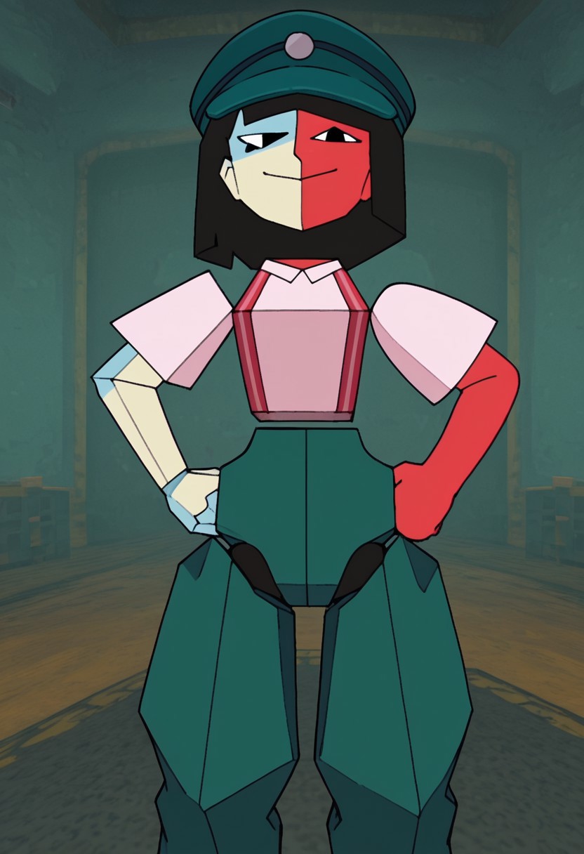ENADB, blocky body, cap beret, short hair, floating limbs, two-tone skin, looking at viewer, hands on hips, smile