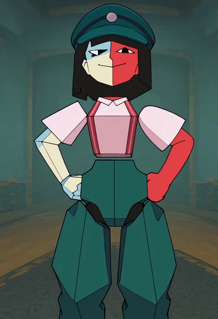 ENADB, blocky body, cap beret, short hair, floating limbs, two-tone skin, looking at viewer, hands on hips, smile