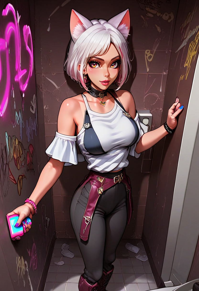 expressive, anime, cartoon, neon hearts, speedlines, dynamic, neon , medium breasts, bathroom, graffiti, selfie, seductive, cute, jewelry, gyaru, neon colours, asian, two-toned dark hair, hazy air expressiveh, 1girl , suziaxo, 1girl, solo, short hair, animal ears,  bare shoulders, white hair, cat ears, breasts, shirt, full body, boots, pants , sinfully, female <lora:Expressive_H:1> <lora:Pony_SuziAxo _LORA:1>  <lora:incase-ilff-v3-4:0.85>  <lora:sinfully_stylish_SDKL:0.85>, score_9_up, score_8_up, score_7_up, best_quality , 5 fingers, 5 toes