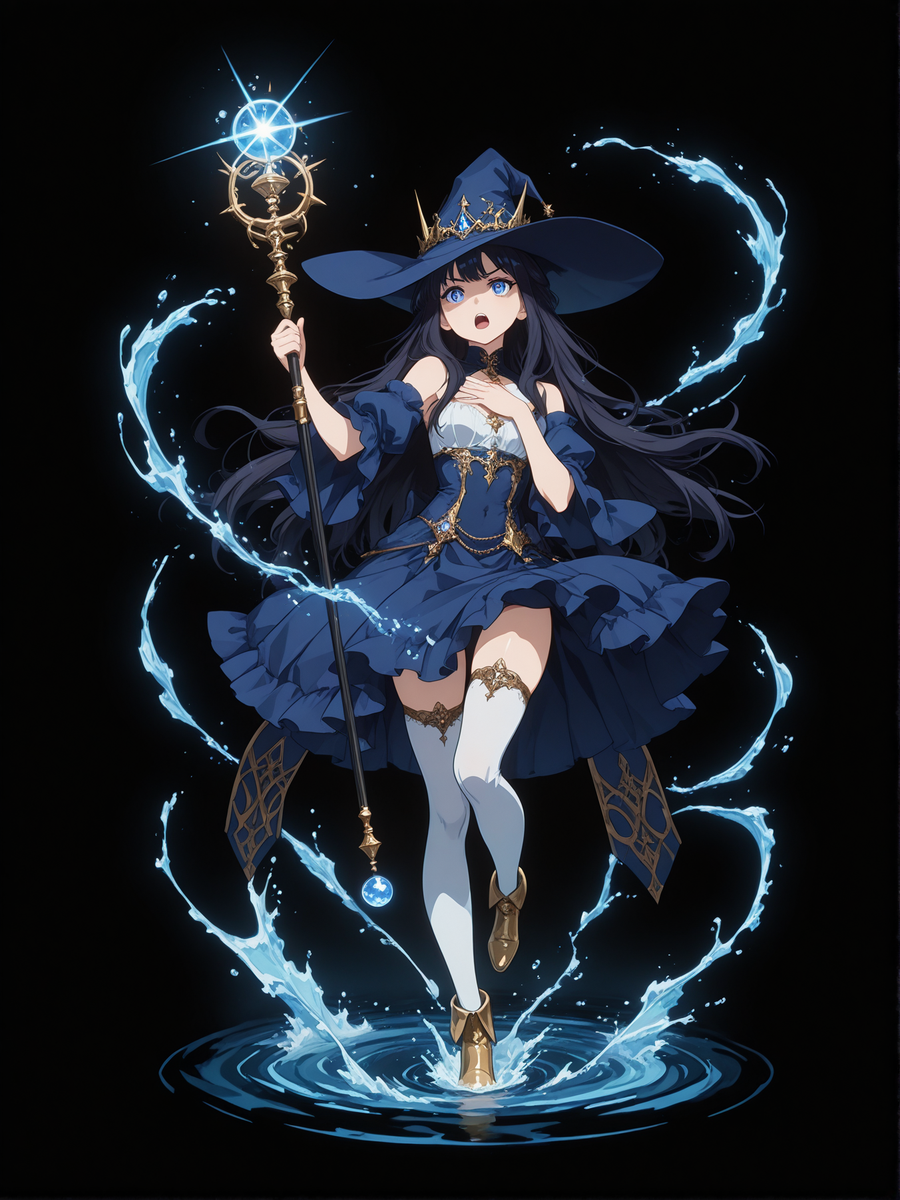 (black background, sssplashb, full body:1.2), 1girl, solo, Water Enchantress , blue witch hat, witch dress, blue detached sleeves, white thighhighs, gold footwear, hand to own chest, staff, holding staff up, casting water magic, hydrokinesis, floating water, water, wading,  standing on one leg, open mouth, chanting, concentrating, dark_fantasy_style