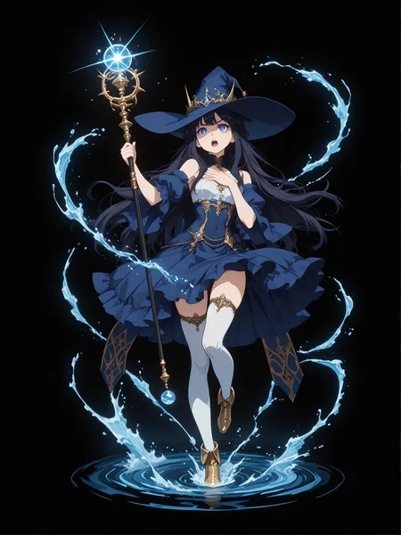(black background, sssplashb, full body:1.2), 1girl, solo, Water Enchantress , blue witch hat, witch dress, blue detached sleeves, white thighhighs, gold footwear, hand to own chest, staff, holding staff up, casting water magic, hydrokinesis, floating water, water, wading,  standing on one leg, open mouth, chanting, concentrating, dark_fantasy_style