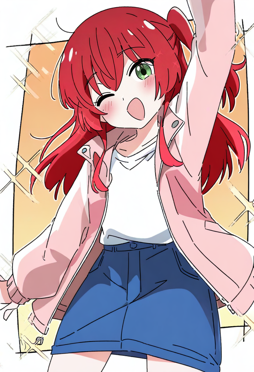 1girl, one eye closed, green eyes, solo, red hair, skirt, jacket, shirt, pink jacket, smile, long hair, white shirt, long sleeves, open mouth, blush, blue skirt, bangs, looking at viewer, open clothes, open jacket, one side up, ;d, arm up, denim skirt, sparkle <lora:ixyXL_NBVP1_lokr_V6311PZ:0.95>