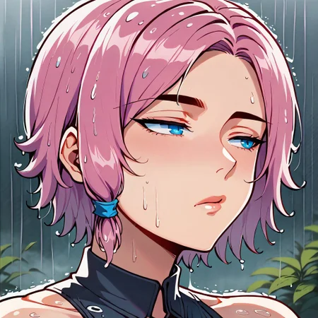 score_9, 1girl, maeve, pink hair, short hair, blue eyes, face focus, raidiant colors, feisty girl, wet hair, raining, portrait, sultry look, looking off to the side, half-closed eyes,