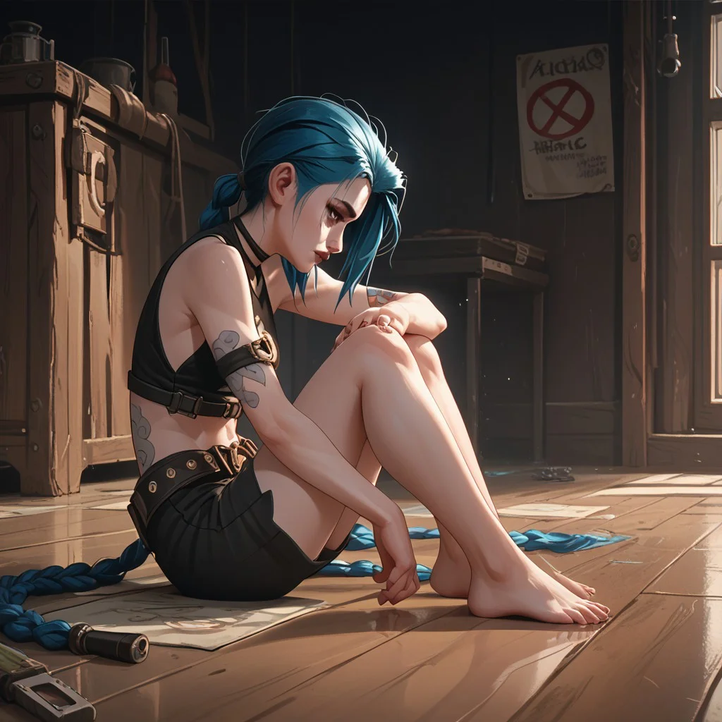 score_9, score_8_up, score_7_up, score_6_up, score_5_up, score_4_up, 1girl, JinxPowder, sitting on the floor, barefoot