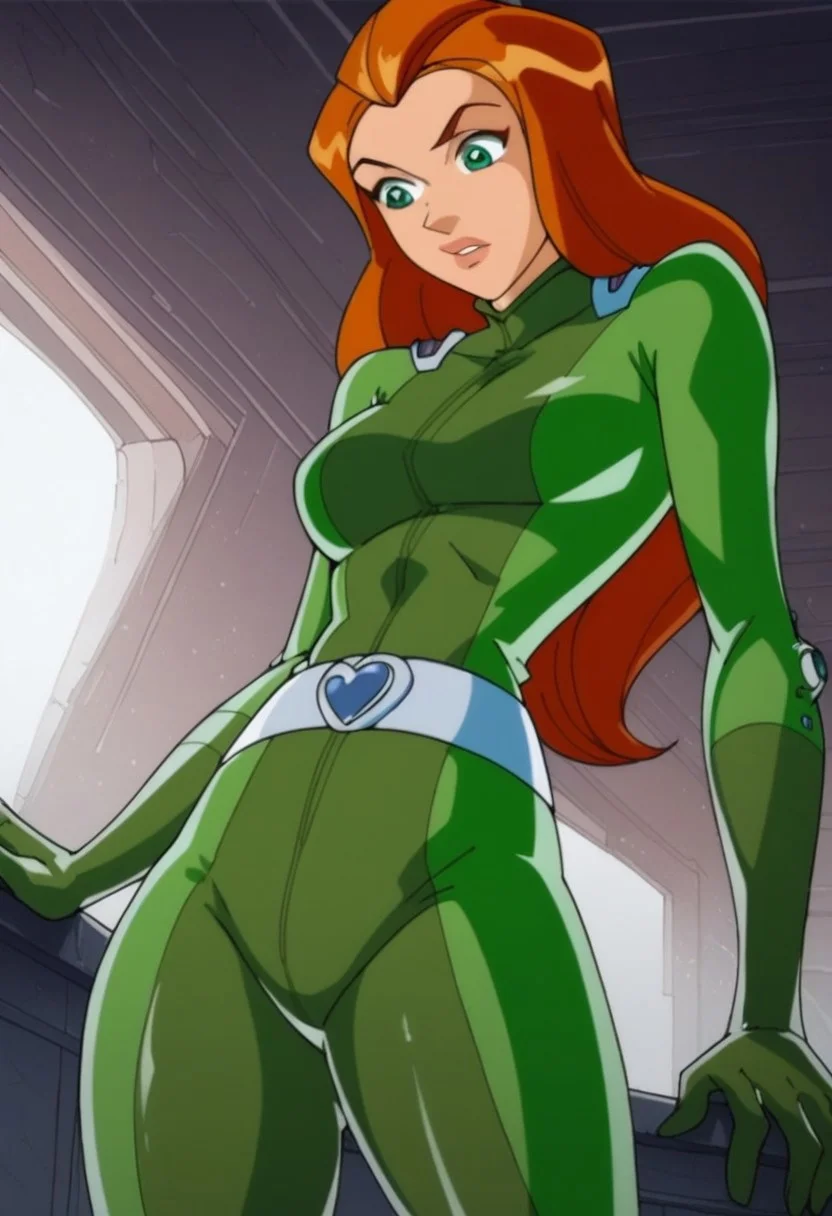 (score_9, score_8_up, score_7_up), sci fi,1girl, solo, sam \(totally spies\), orange hair, long hair, green eyes, green bodysuit, belt, large breasts, curvy, thick thighs, tight clothing, hips, thighs, athletic build,