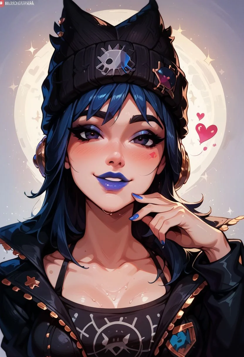 score_9, score_8_up, score_8, score_9, professional portrait, hope_fortnite, seductive face, love face, sparkle, love, heart, blue hair, beanie, head resting on hand, pyjama, relax cloth, hoodie, blue lipstick, looking at viewer, tilted head, smiling, close picture, posing, posing at an angle, dynamic sexy pose, medium breasts, medium perfect round breasts, toned body, cute face, very sexy, very cute, adorable, shiny skin, wet skin, volumetric lighting, aesthetic design, dramatic angle, dramatic framing, cinematic framing,