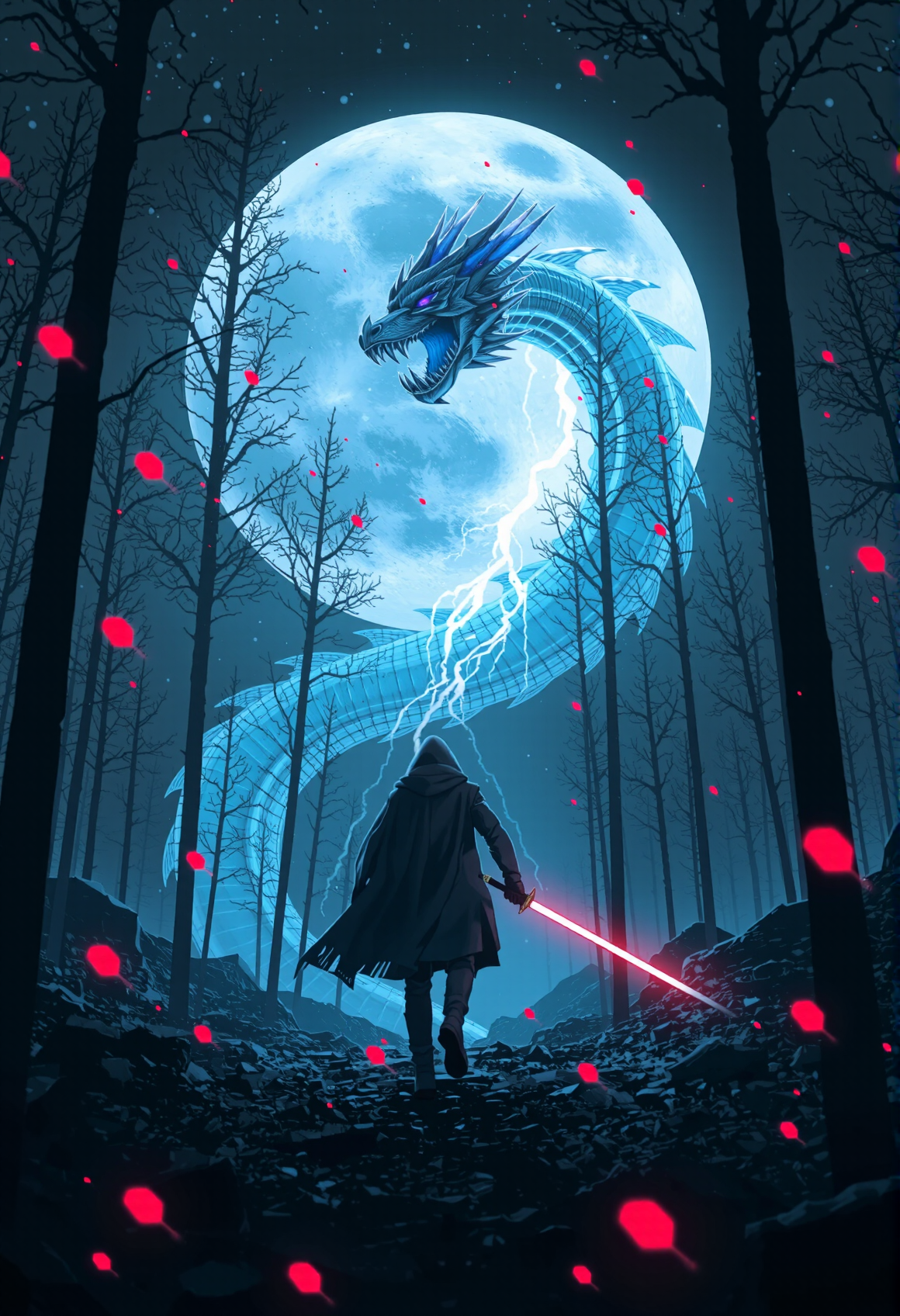 evil frozen dragon, realistic, In a cyberpunk-inspired realm, Theme: Futuristic, cyberpunk-inspired The Moon: A figure, walking through a dark, foggy forest, is haunted by ghostly apparitions. The background is the silhouette of a dragon emerges from the darkness, its form composed of the same vibrant energy. The entire scene is bathed in a contrast of deep blacks and brilliant frozen dragon, creating a dynamic and visually striking composition. Particles of light scatter through the air, adding to the mystical atmosphere. This digital illustration blends elements of anime artistry with futuristic aesthetics, resulting in a captivating image that radiates energy and intensity, snowing, ready for battle, holding sword, 
bright thunder, red fireflies lightning