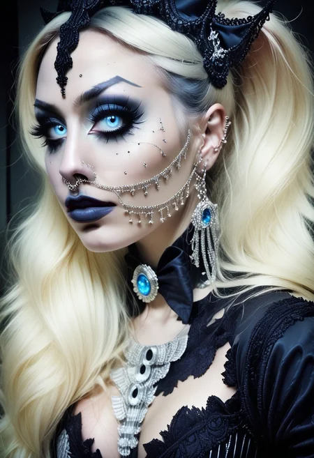 concept art, realistic, dark theme, low light. 1girl, solo.
Gorgeous sexy female. Beautiful feminine face, ((Portrait)),
Long Lush Blonde hair, Blue eyes.
Sexy makeup, ((NoseToEar)).
((Gothic)),