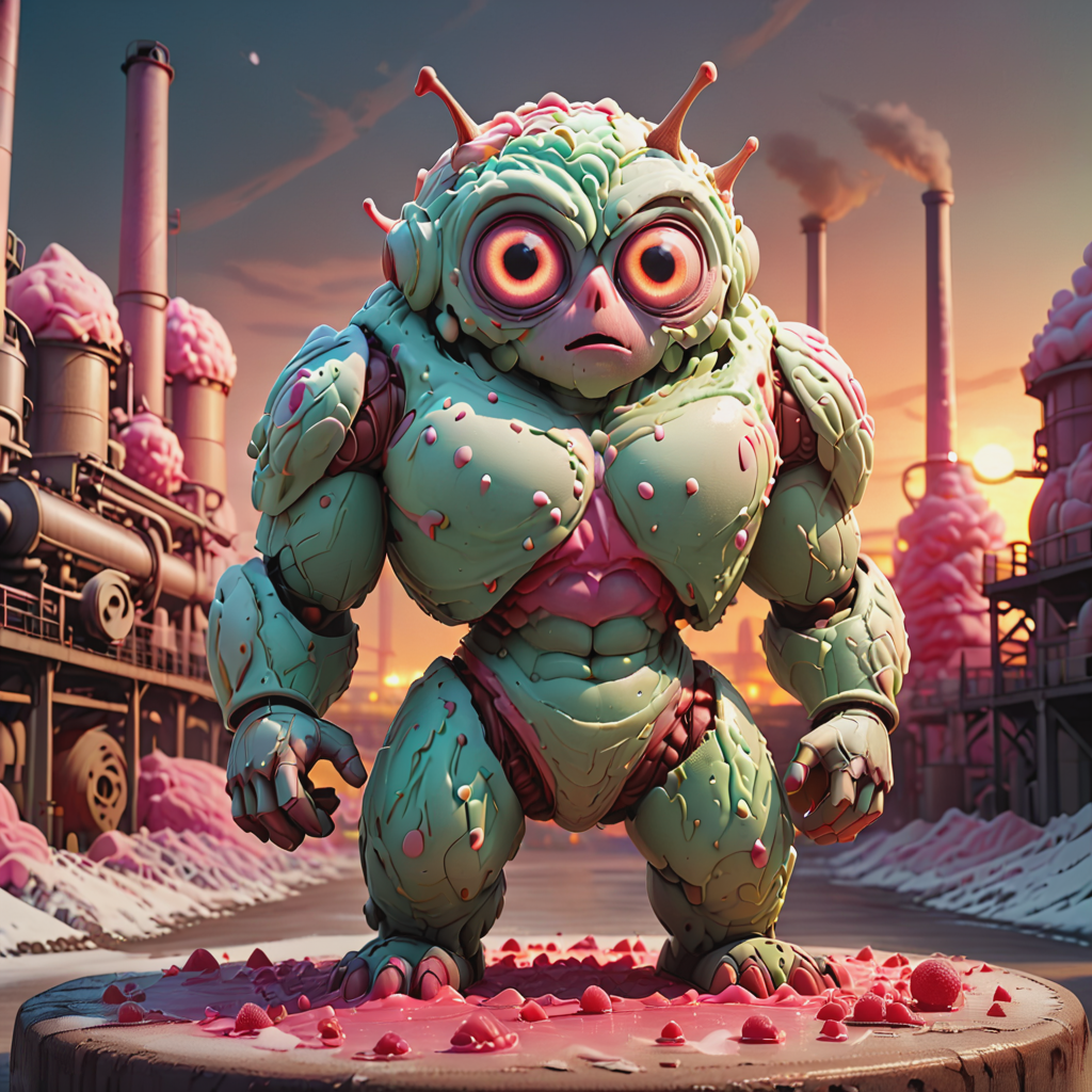 GelatoStyle,a massive giant,  glowing  eyes, imposing figure, standing in an industrial landscape <lora:GelatoStyleV1_4-000009:1>