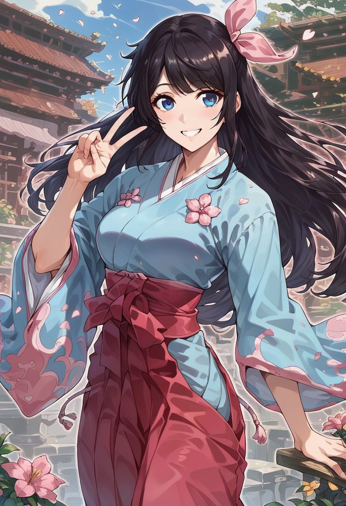 score_9, score_8_up, score_7_up, score_6_up, score_5_up, score_4_up, sexy girl,  detailed face, sexy, 
Expressiveh, Sakura_Amamiya,black_hair,Blue_eyes,blue_kimono,hair_ribbon,pink_hakama,japanese_clothes, solo, solo female, garden, frontal view, looking at viewer, smile, V, happy,