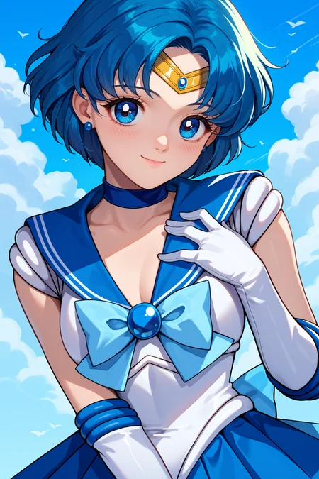 score_9, score_8_up, score_7_up, score_6_up, source_anime, 1girl, solo, <lora:sailormercury-pdxl-nvwls-v1-000005:1> slrmc, blue hair, short hair, blue eyes, circlet, earrings, blue choker, brooch, white shirt, sleeveless, blue sailor collar, light blue bowtie, white leotard, elbow gloves, white gloves, blue skirt, pleated skirt, magical girl, looking at you, smile, blush, closed mouth, light smile, blue sky, clouds, skirt, hand on own chest, upper body