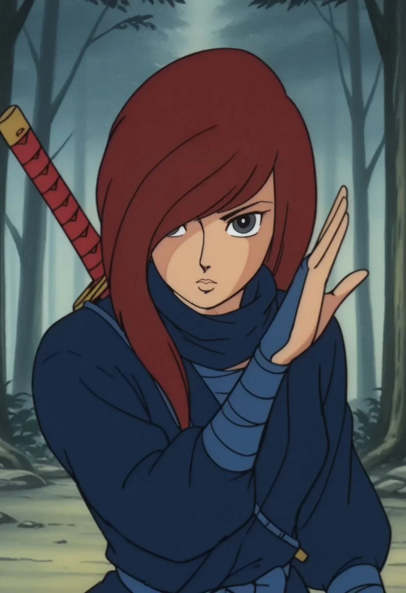 masterpiece, best quality, anime screencap, anime coloring, female focus, upper body, solo, forest, ninja pose,
1girl, looking at viewer, expressionless,
<lora:0na:1>, 0na, black eyes, red hair, brown hair, long hair, hair over one eye, lips, (ninja clothes:1.2), weapon, katana, 1960s \(style\), retro artstyle,
