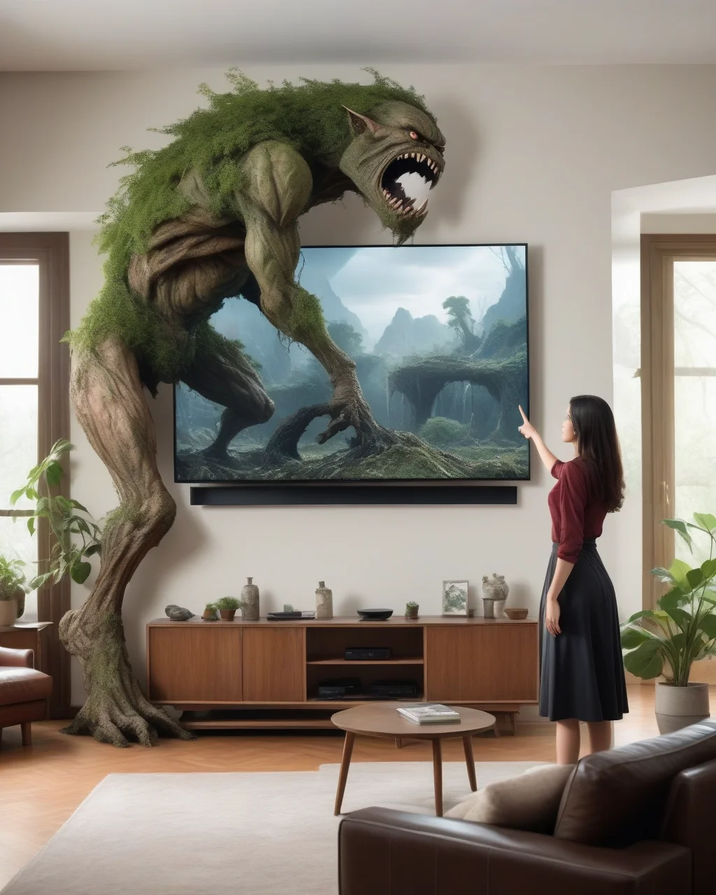 angry woman pointing at a TV, looking sternly at an abashed earth elemental standing in an upscale living room, plant knocked over, nature show playing on TV, professional realistic photo, <lora:Perfect Hands:1>