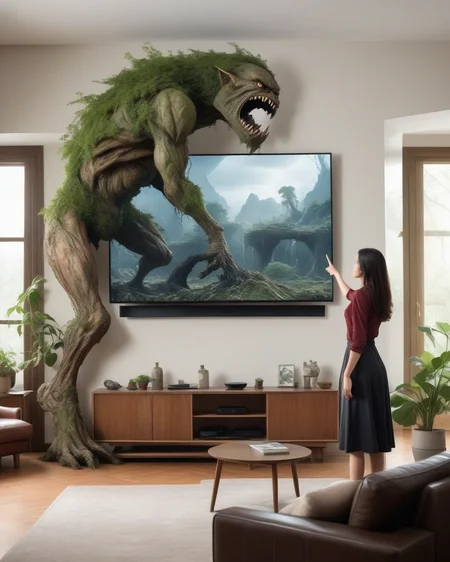 angry woman pointing at a TV, looking sternly at an abashed earth elemental standing in an upscale living room, plant knocked over, nature show playing on TV, professional realistic photo,  <lora:Perfect Hands:1>