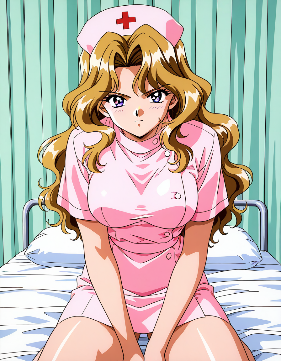 general,highres, ultra-detailed,very aesthetic,best quality ,best hands,  BREAK <lora:Shindou_Reiko_Anime_IS:1>
Shindou_Reiko(Anime_Ver),1girl, solo, long hair, blonde hair, purple eyes,  wavy hair, large breasts, 1990s \(style\),retro artstyle, anime coloring, serious face,
nurse, nurse cap,  hospital, bed,
